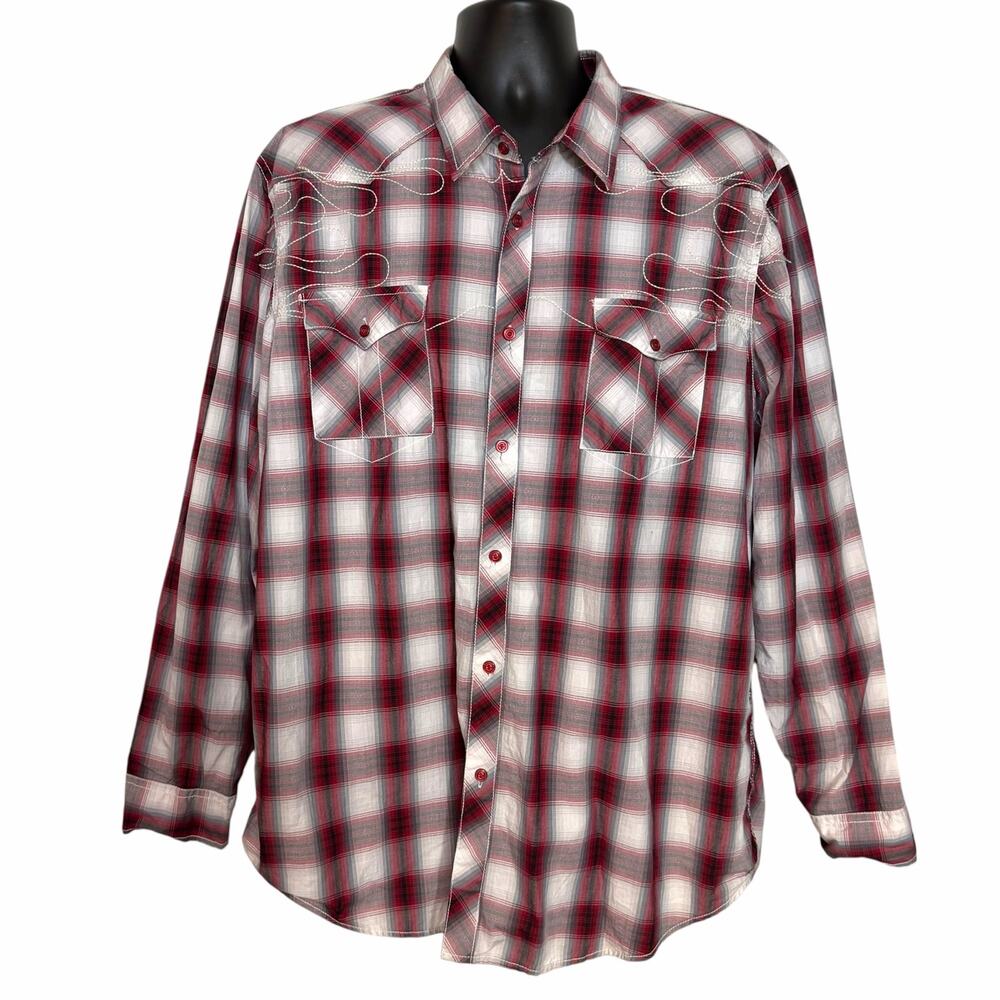 American Rag Western Pearl Snap Shirt Mens XXL Red Plaid Embroidered Cowboy